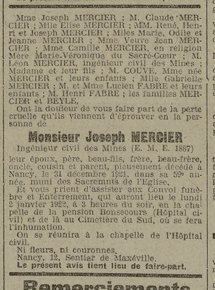 Décès Joseph Mercier 1921.
